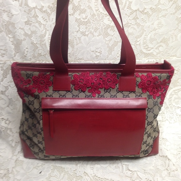 Vintage Gucci Black Mono Red Floral Tote Handbag - Picture 15 of 15